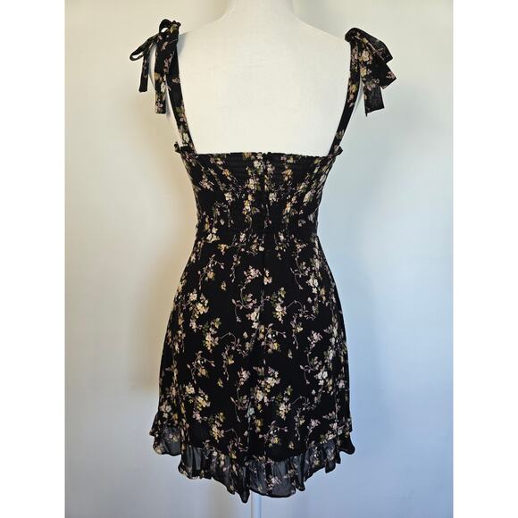 Reformation Christine Black Floral Mini Dress Sz 4 — Ruffled Hem & Tie Straps - Picture 2 of 4